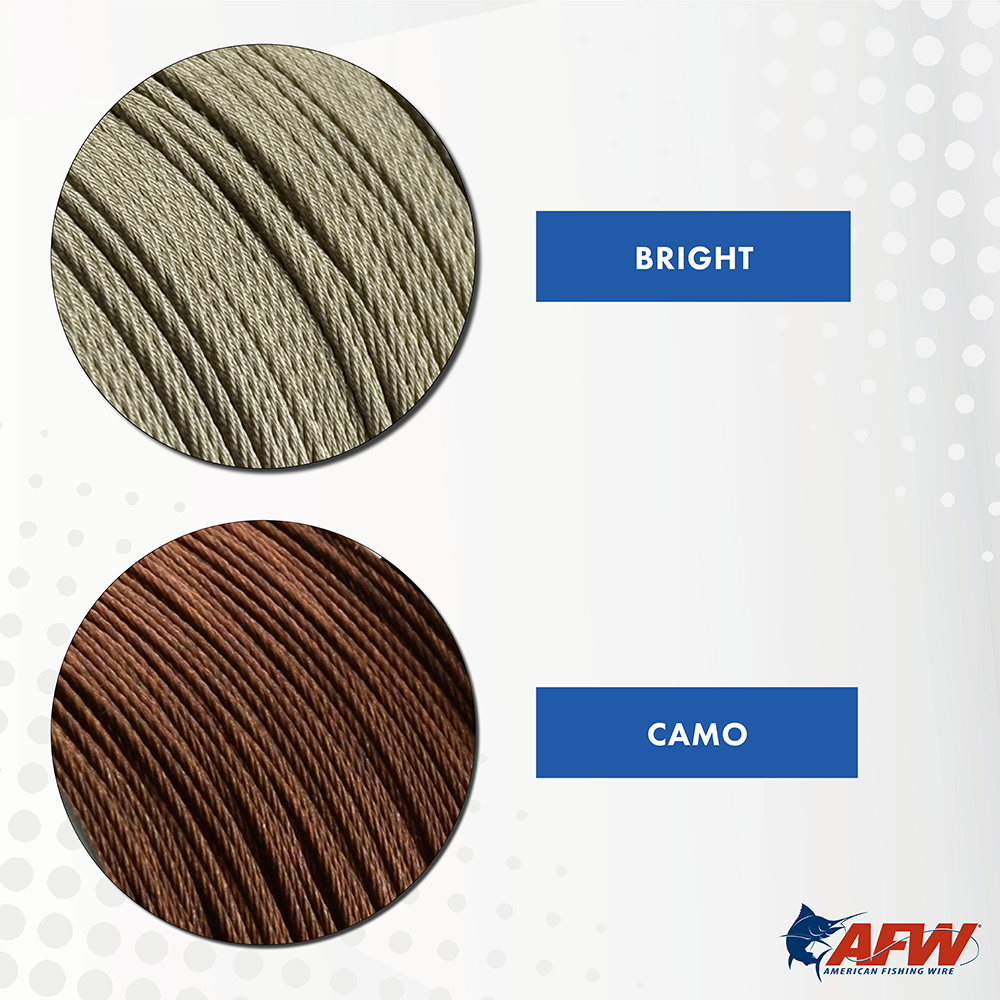49 Strand, 7x7 Stainless Steel Shark Leader Cable, 175 lb / 80 kg test, .036 in / 0.91 mm dia, Camo, 30 ft / 9.2 m 49 Strand, 7x7 Stainless Steel Shark Leader Cable, 175 lb / 80 kg test, .036 in / 0.91 mm dia, Camo, 30 ft / 9.2 m